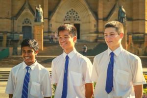 St Marys Cathedral Catholic College Sydney - students standing in front of St Mary's Cathedral