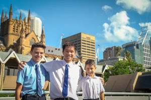 St-Mary's-Cathedral-Catholic-College-Sydney-students standing in front of Cathedral Building at the Domain